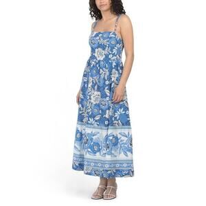 Rachel Zoe Blue Floral Print Linen Blend Midi Dress New Size Large Pockets